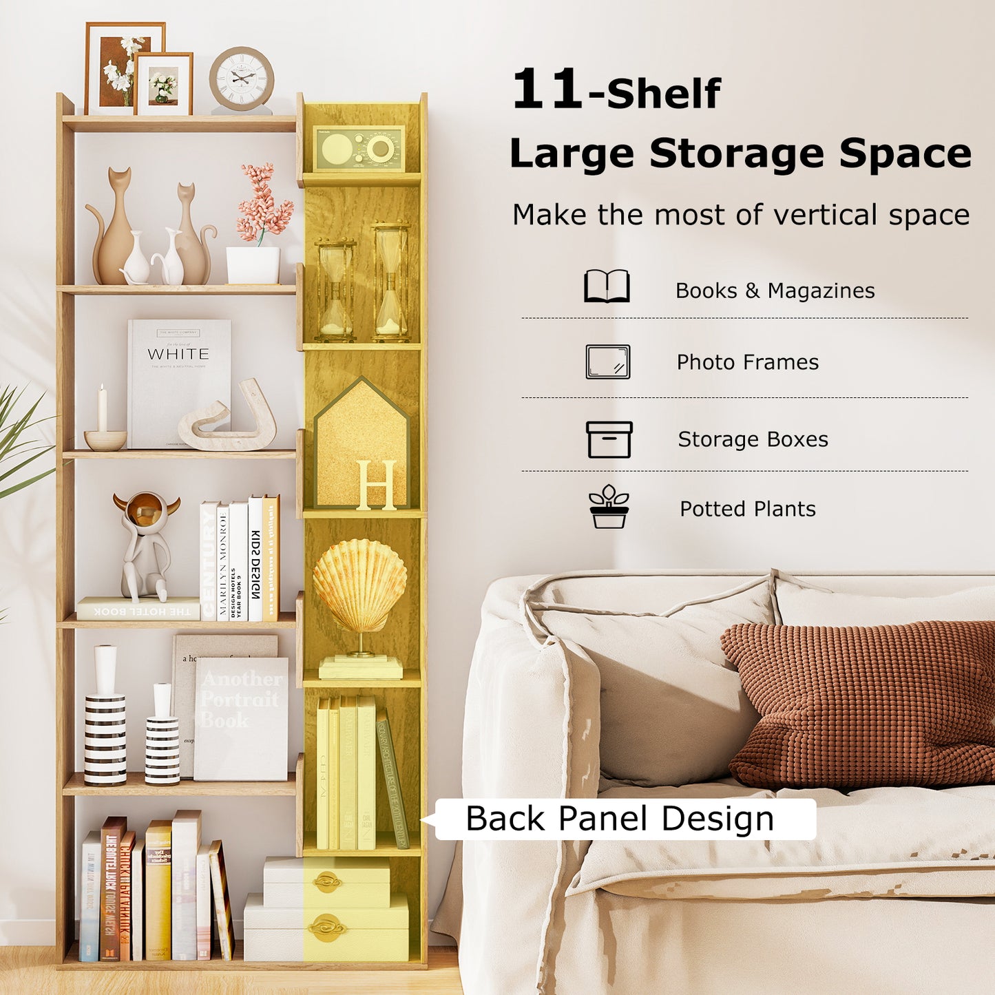 11-Shelf Wooden Bookshelf with 2 Anti-Tipping Kits-Natural