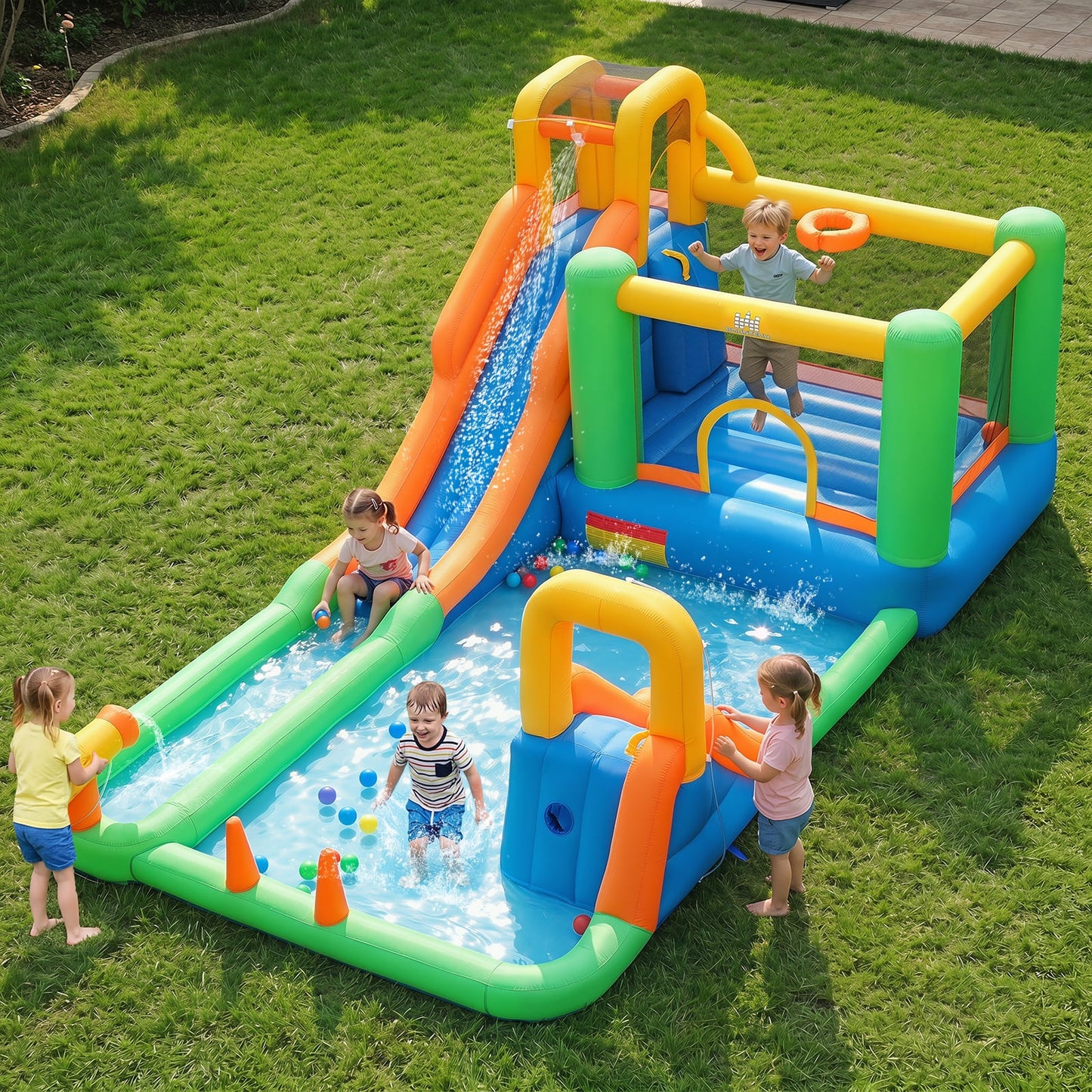 11-in-1 Inflatable Bounce House with Water Slides for Kids without Blower