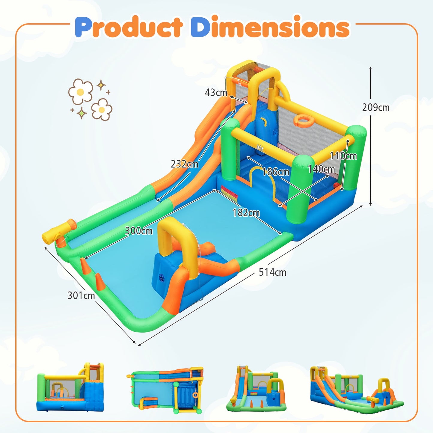 11-in-1 Inflatable Bounce House with Water Slides for Kids without Blower