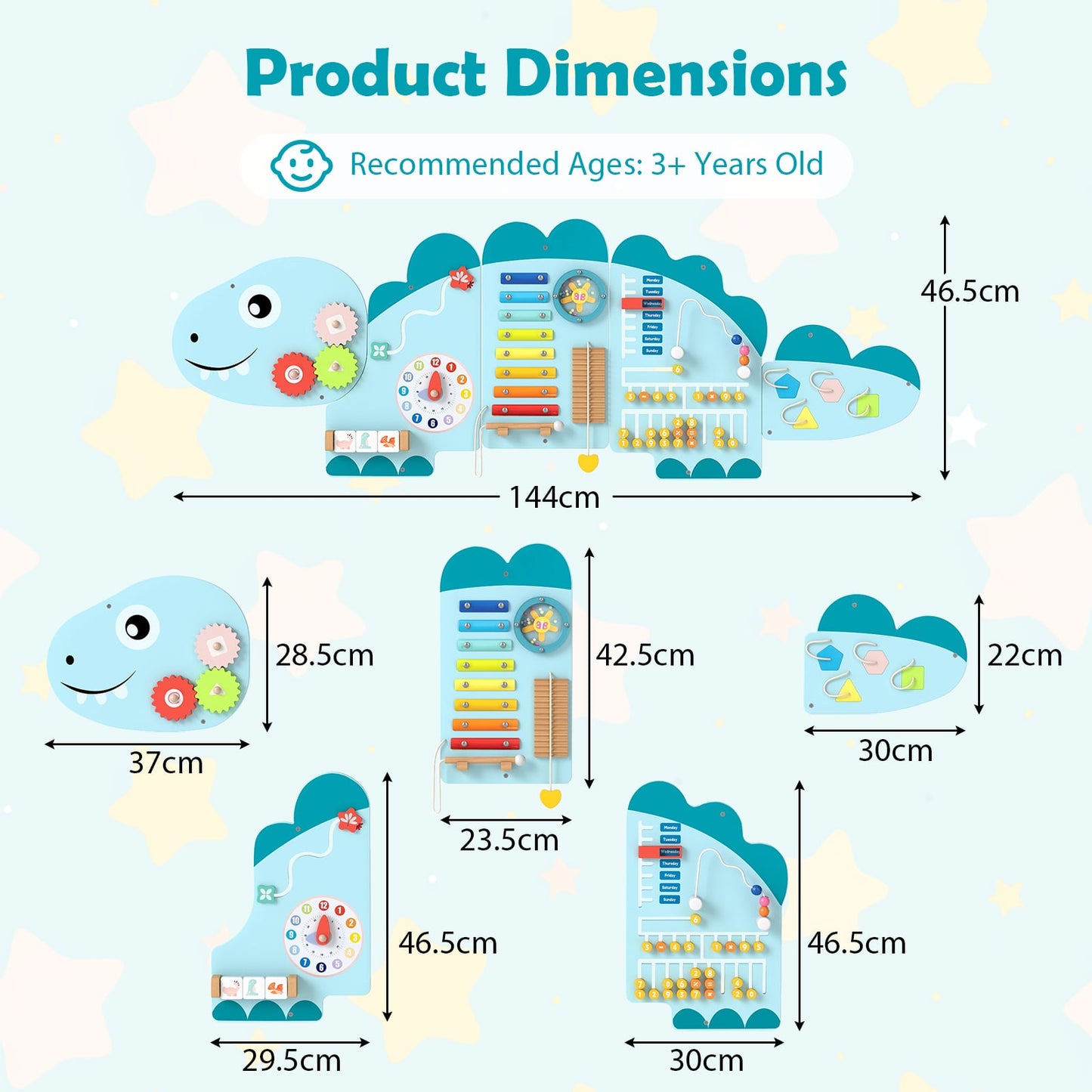 11-in-1 Dinosaur Activity Wall Busy Board Panels for Toddlers-Blue