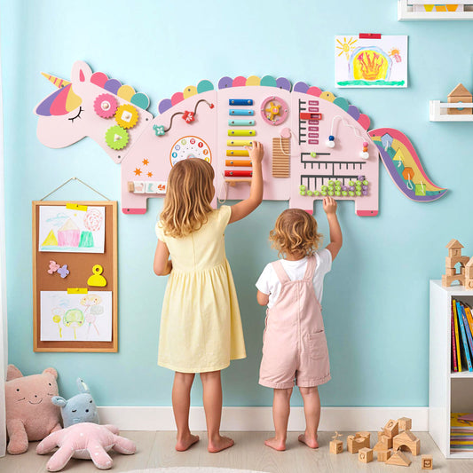11-in-1 Unicorn Activity Wall Busy Board Panels for Toddlers-Pink
