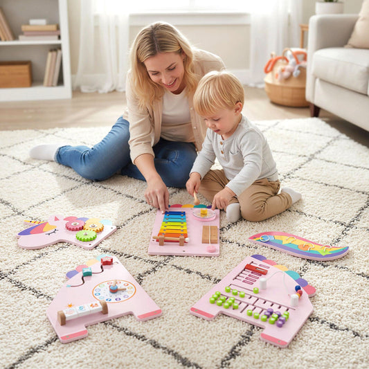 11-in-1 Unicorn Activity Wall Busy Board Panels for Toddlers-Pink