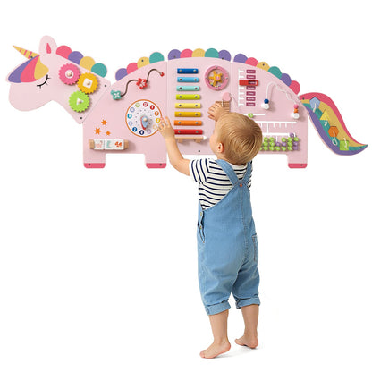 11-in-1 Unicorn Activity Wall Busy Board Panels for Toddlers-Pink