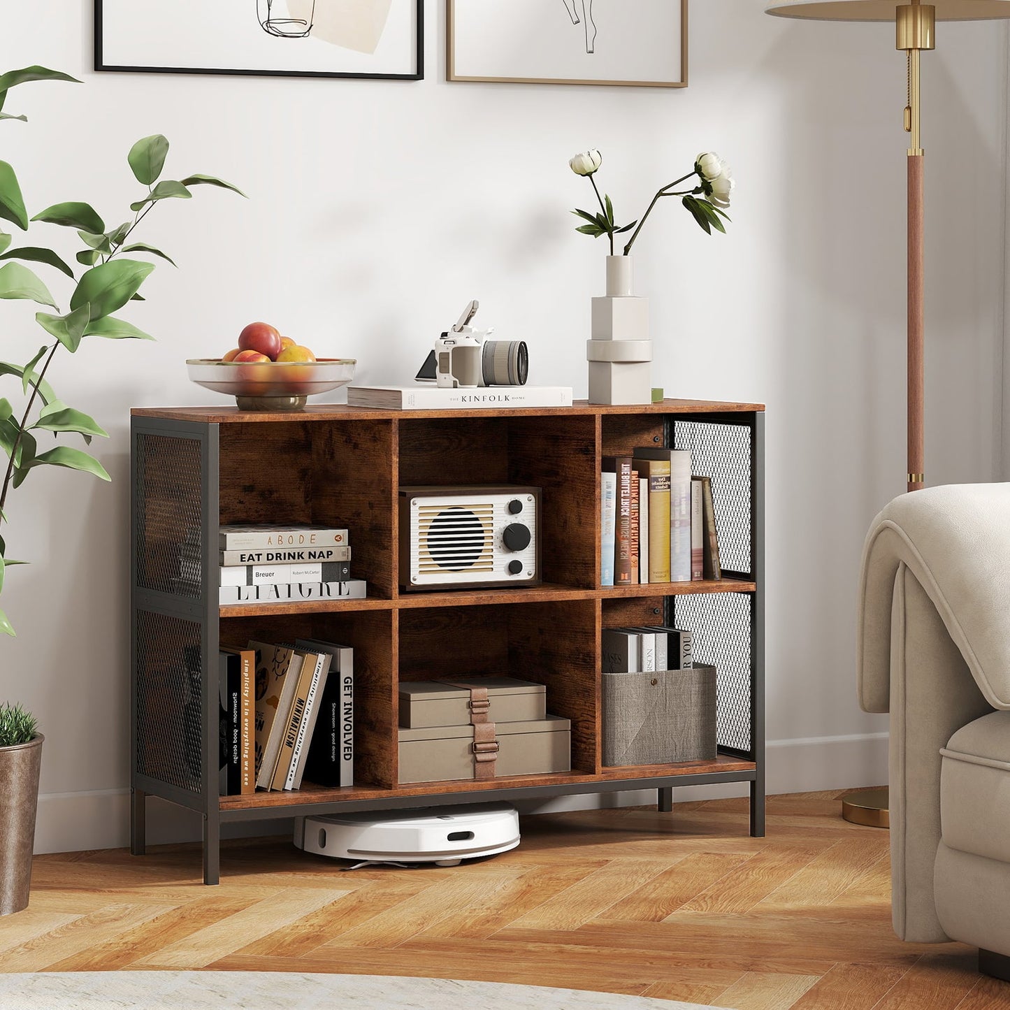 110 CM 6 Cube Bookcase with Heavy-Duty Metal Frame for Home Office-Rustic Brown