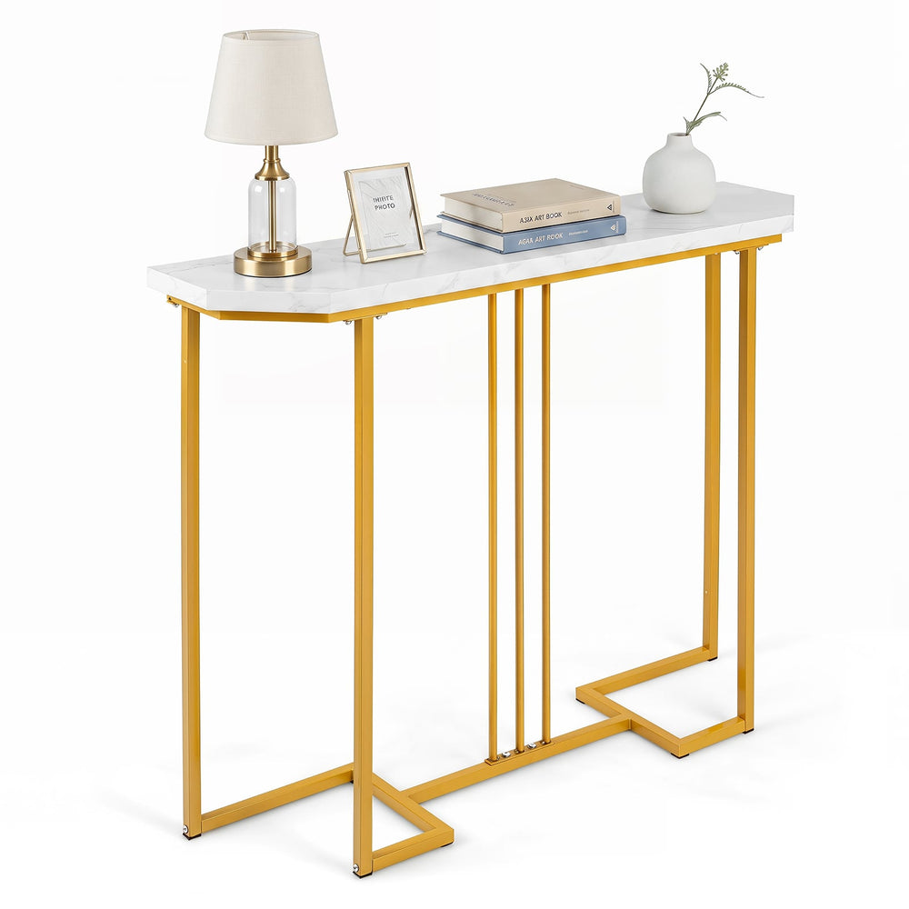 110 CM Narrow Entryway Table with Faux Marble Top for Living Room-White