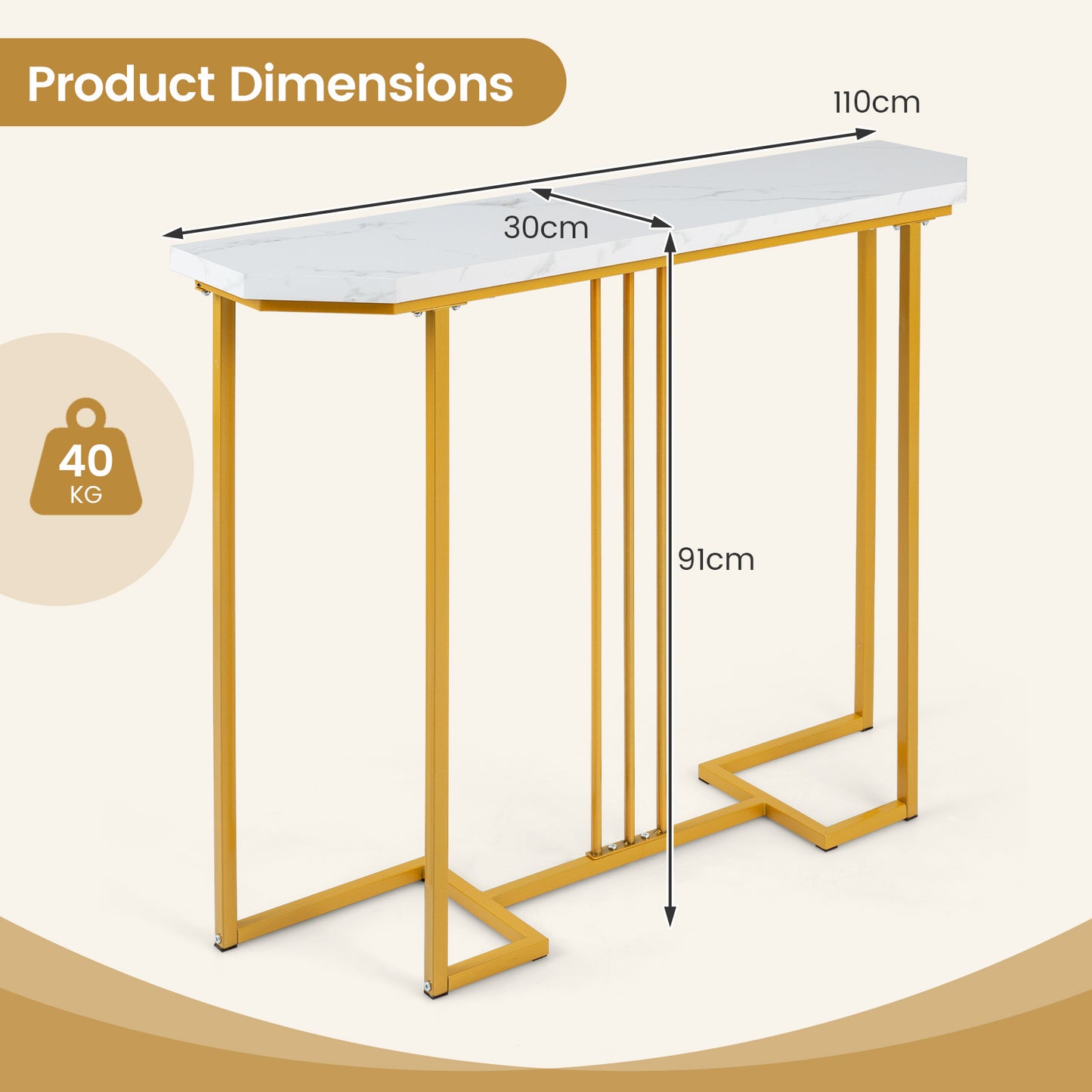 110 CM Narrow Entryway Table with Faux Marble Top for Living Room-White