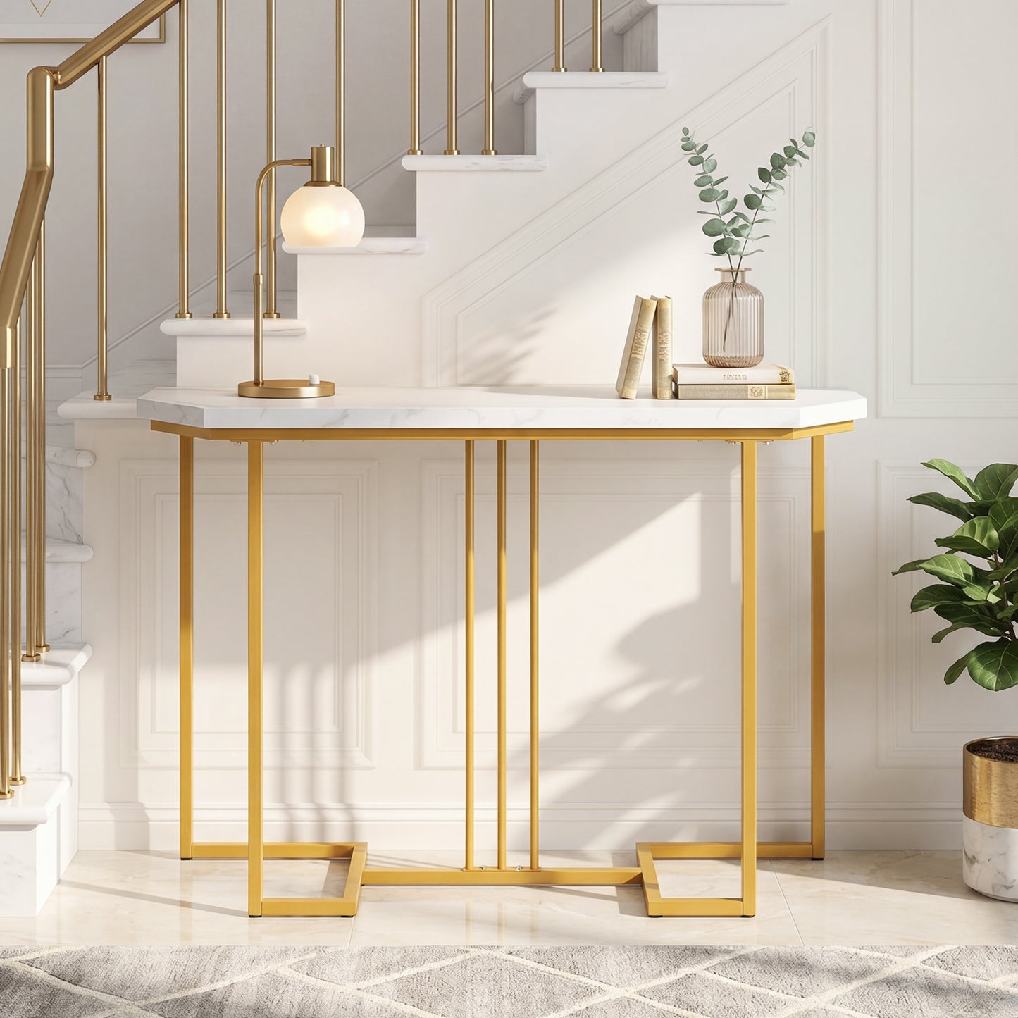 110 CM Narrow Entryway Table with Faux Marble Top for Living Room-White