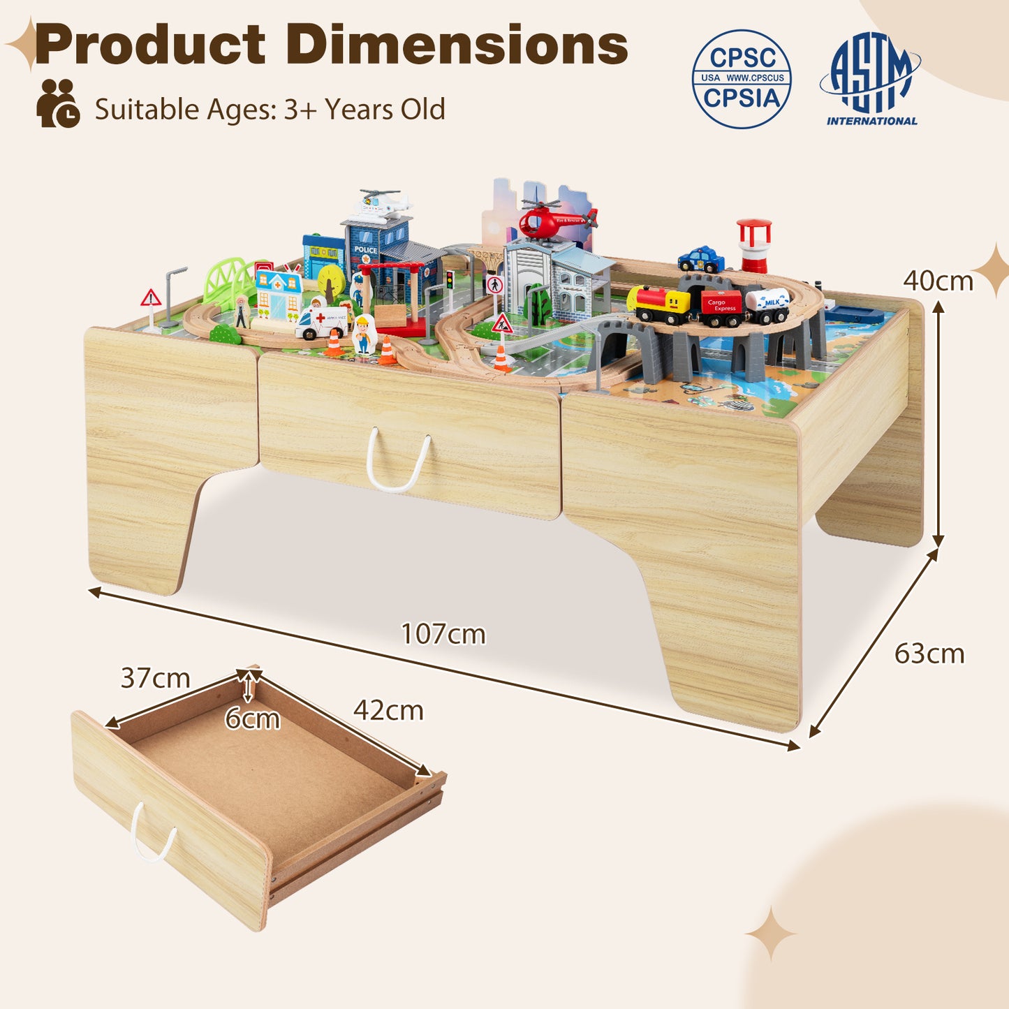110-Piece Wooden Train Table for Toddlers 3+ Years Old
