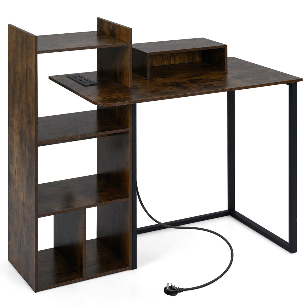 110CM Computer Desk with Charging Station and Ergonomic Monitor Stand-Rustic Brown