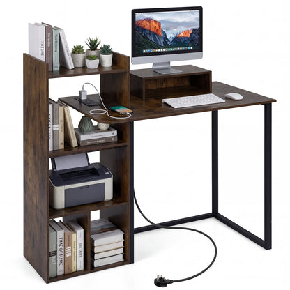 110CM Computer Desk with Charging Station and Ergonomic Monitor Stand-Rustic Brown