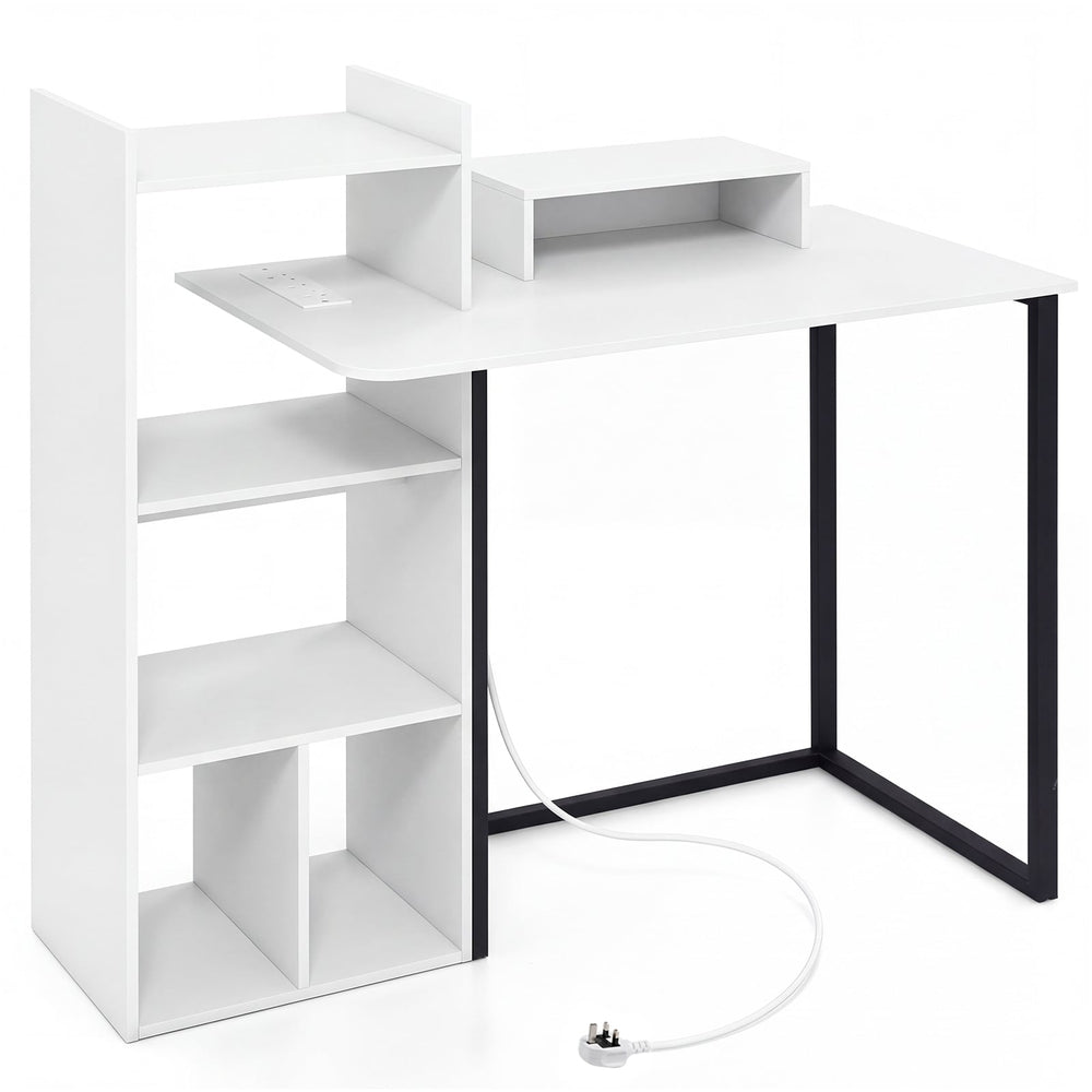 110CM Computer Desk with Charging Station and Ergonomic Monitor Stand-White