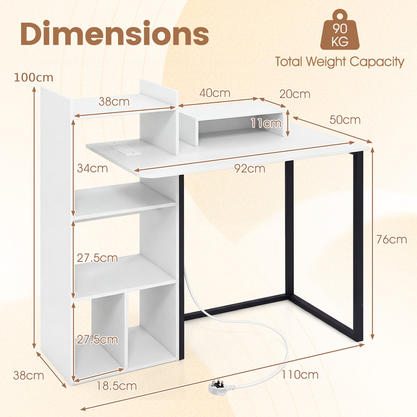 110CM Computer Desk with Charging Station and Ergonomic Monitor Stand-White