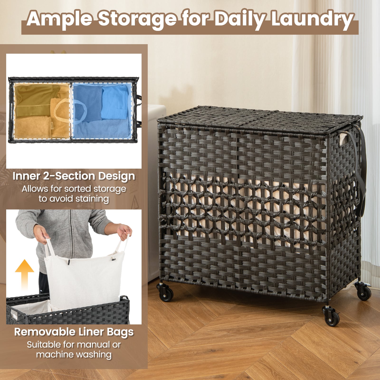 110L Collapsible Laundry Hamper Lid and Removable Liner Bag-Black