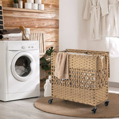 110L Collapsible Laundry Hamper Lid and Removable Liner Bag-Natural