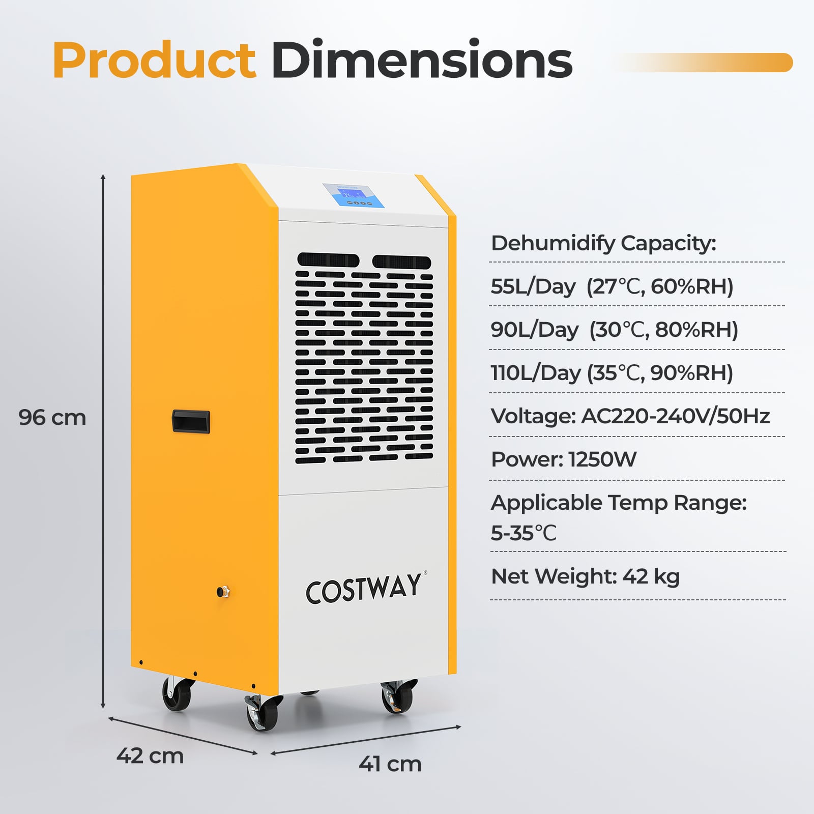 110L/Day Portable Commercial Dehumidifier with Pump Drain Hose-Yellow