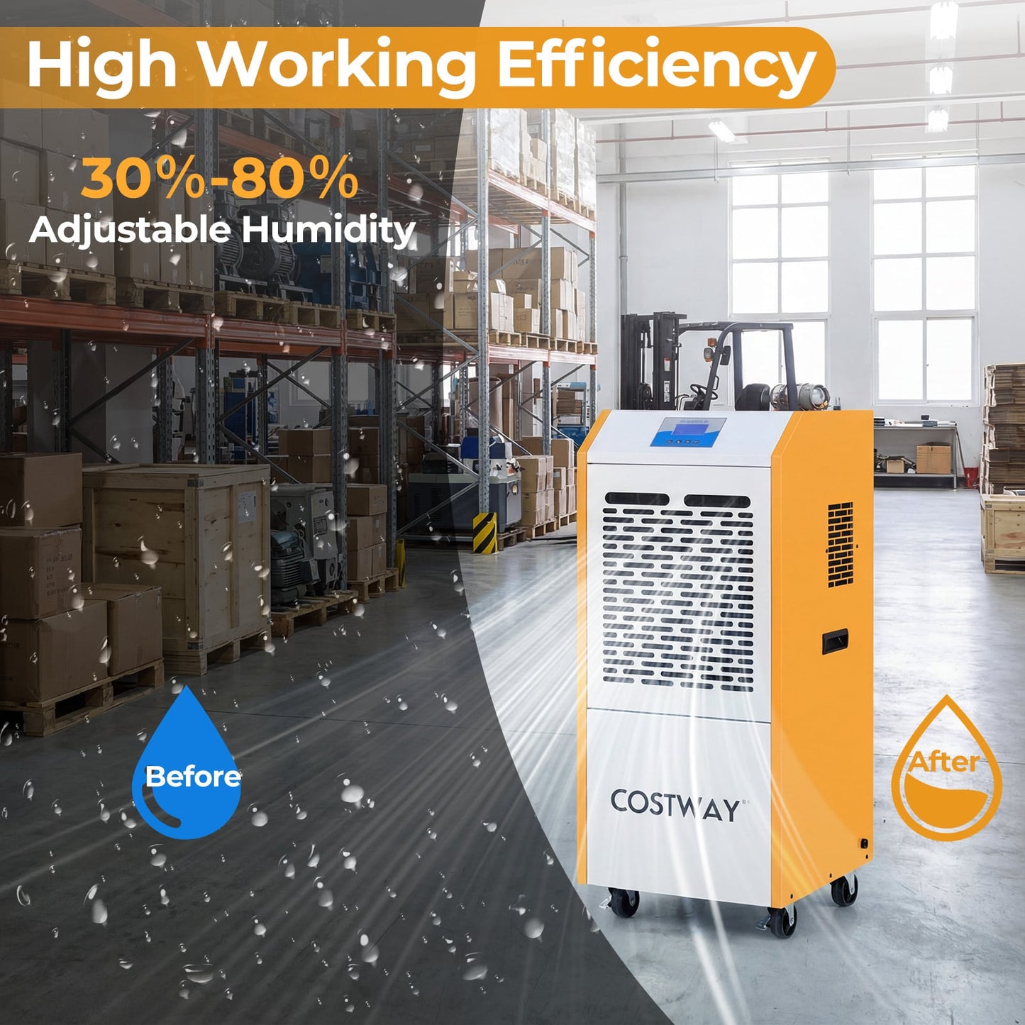 110L/Day Portable Commercial Dehumidifier with Pump Drain Hose-Yellow
