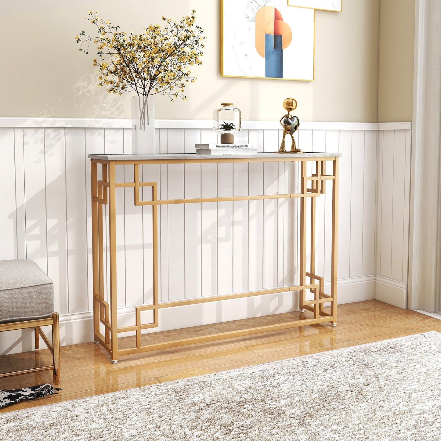 110 cm Console Table Narrow Entryway Table with Geometric Golden Frame-White & Golden