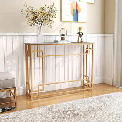 110 cm Console Table Narrow Entryway Table with Geometric Golden Frame-White & Golden