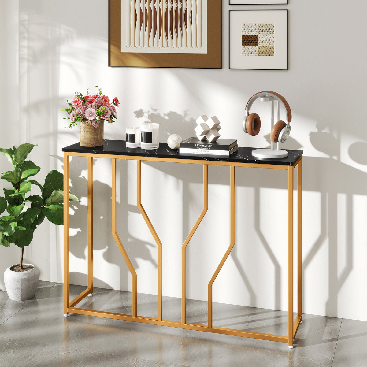 110 cm Gold Console Table Entryway Table with Faux Marble Tabletop-Black