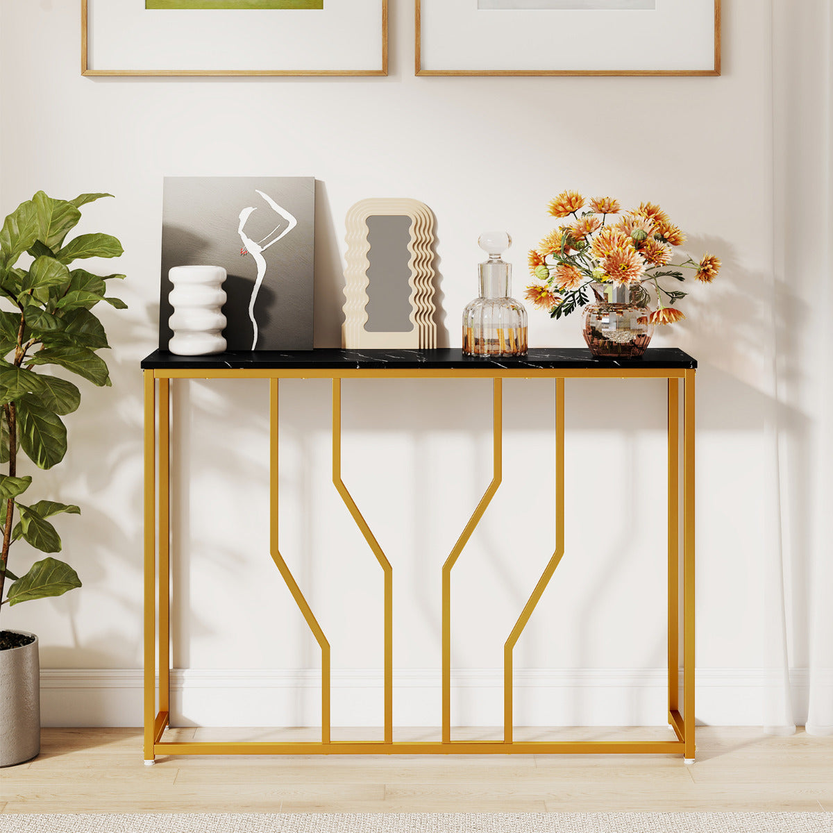 110 cm Gold Console Table Entryway Table with Faux Marble Tabletop-Black