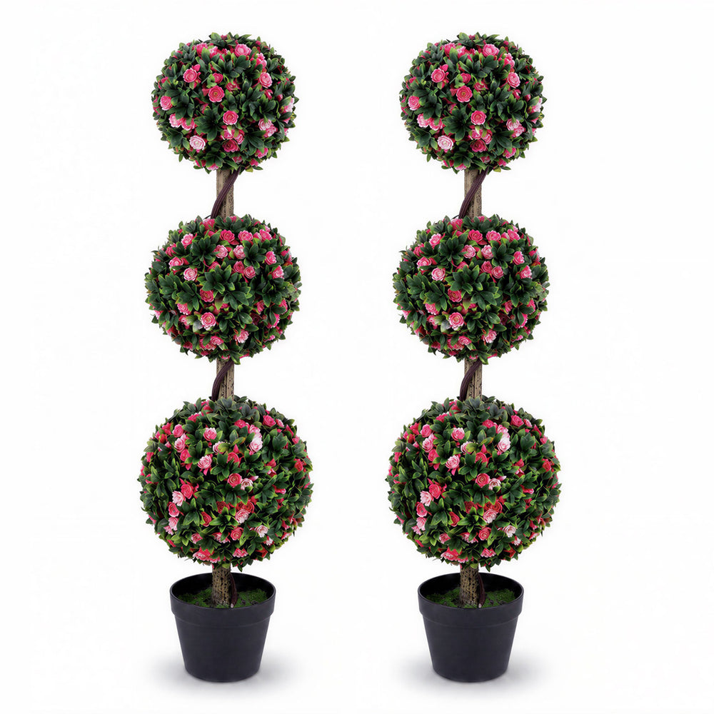 110cm Artificial Triple Ball Rose Topiary Tree with Lifelike Blooms and Green Leaves