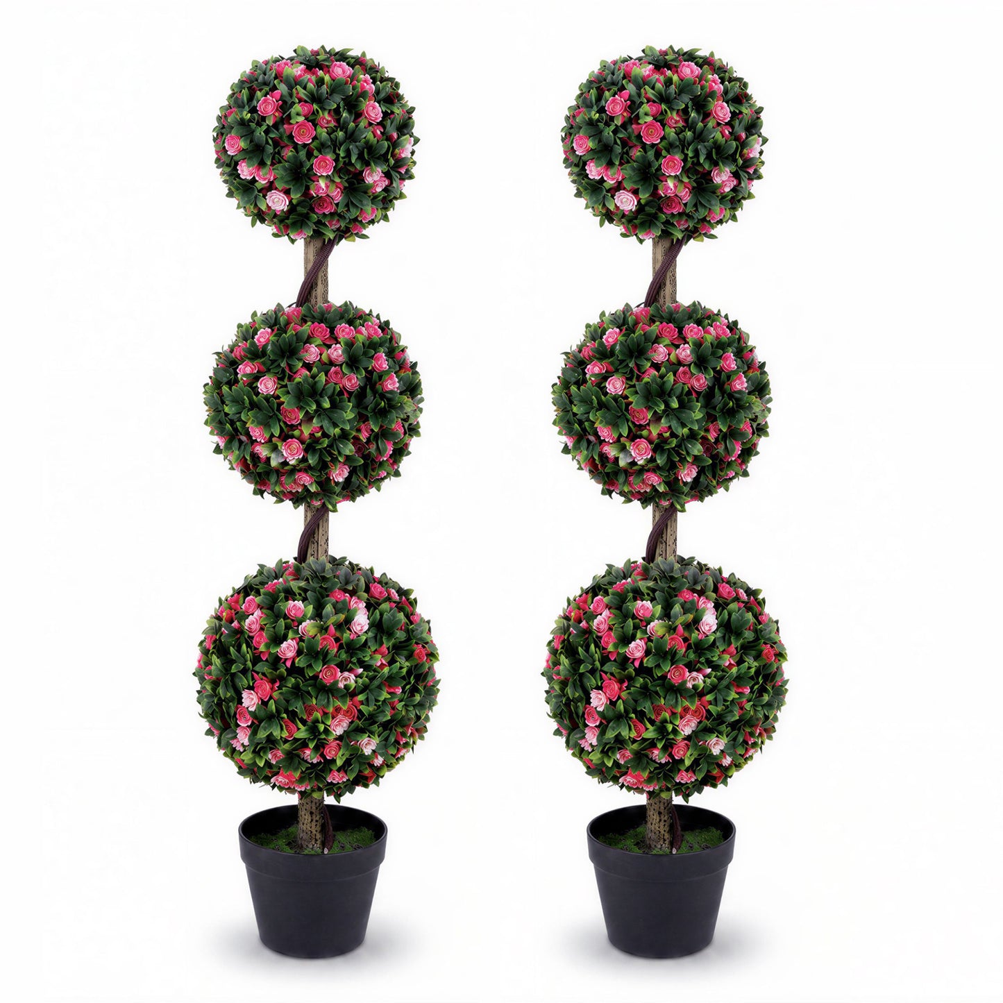 110cm Artificial Triple Ball Rose Topiary Tree with Lifelike Blooms and Green Leaves