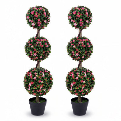 110cm Artificial Triple Ball Rose Topiary Tree with Lifelike Blooms and Green Leaves