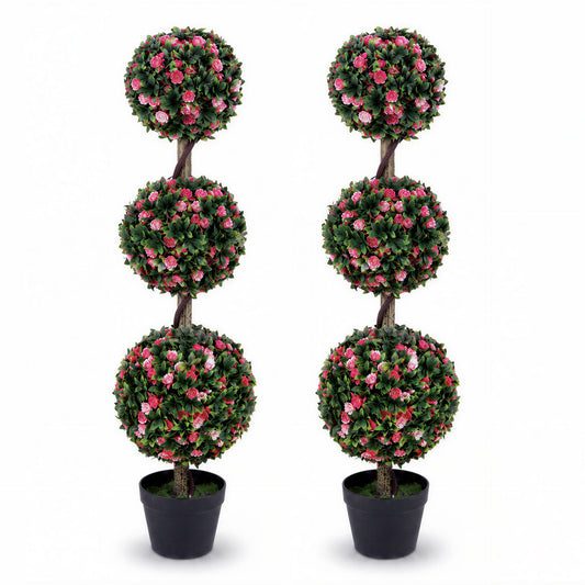 110cm Artificial Triple Ball Rose Topiary Tree with Lifelike Blooms and Green Leaves