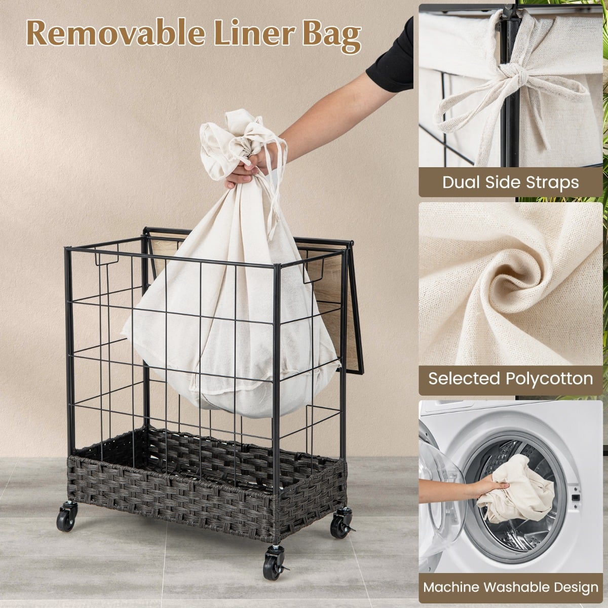 110L Large Capacity Handwoven Rattan Laundry Basket with Lid and Lockable Wheels-Black