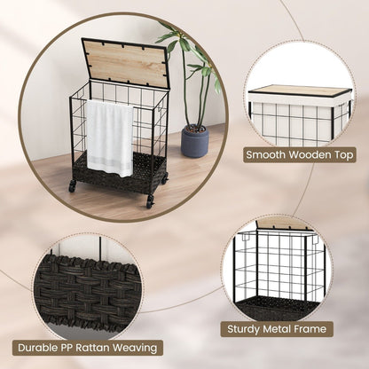 110L Large Capacity Handwoven Rattan Laundry Basket with Lid and Lockable Wheels-Black