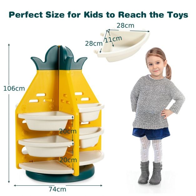 360° Revolving Pineapple Shelf with Plastic Bins for Kids