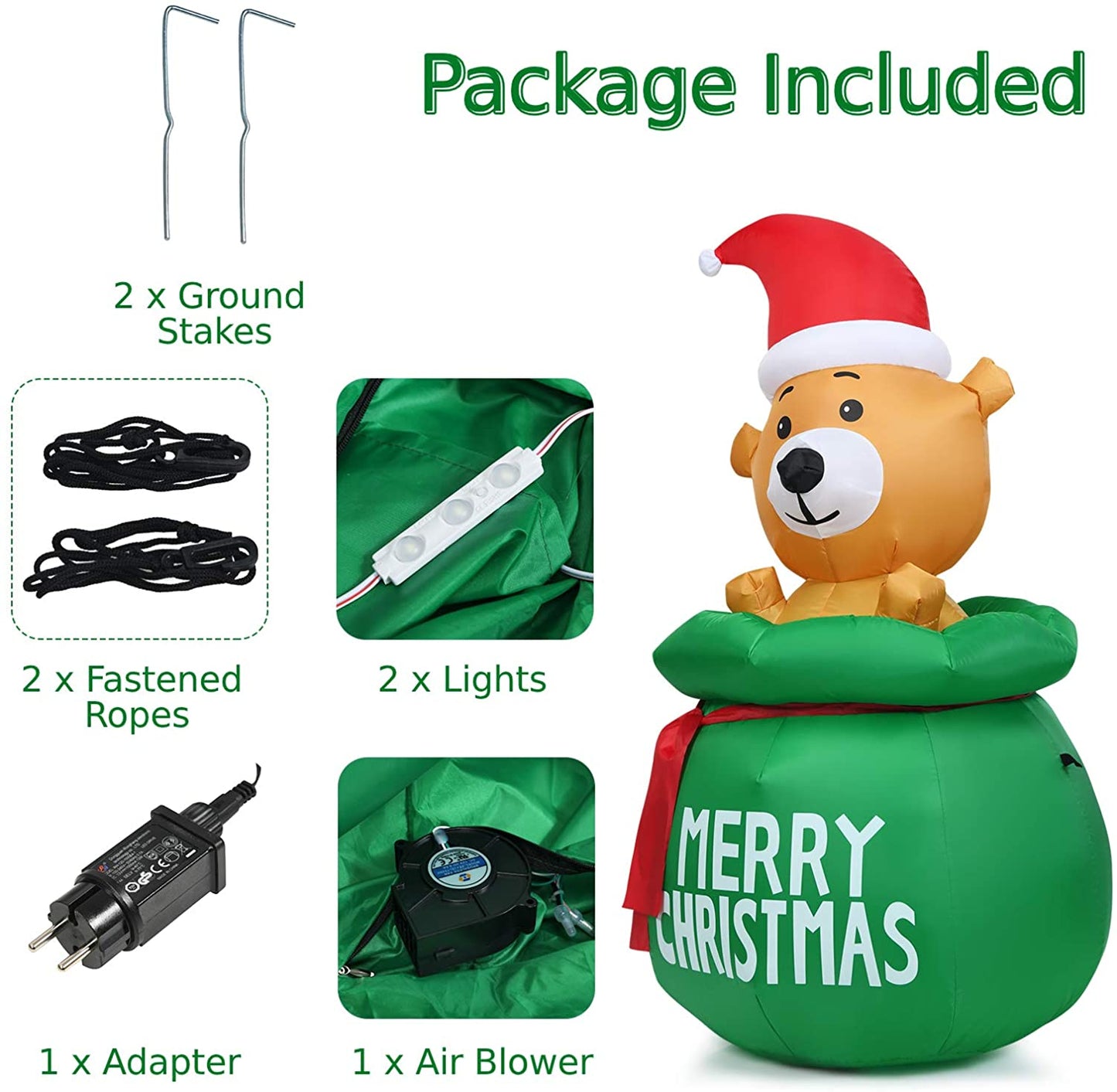 1.5M Blow Up Inflatable LED Christmas Cute Bear with Santa Hat