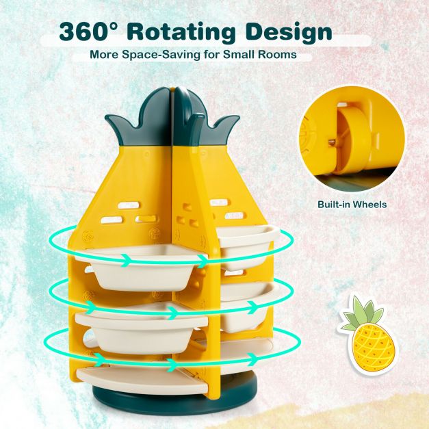 360° Revolving Pineapple Shelf with Plastic Bins for Kids