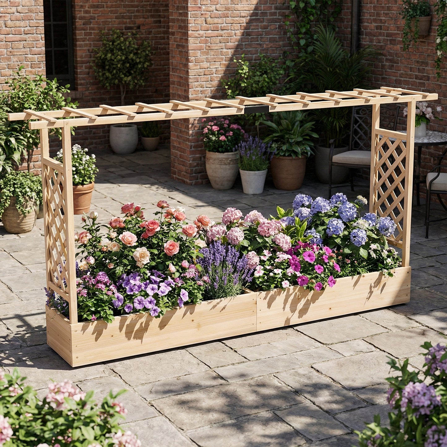 114 cm Tall Wooden Raised Garden Bed with Side Trellis-Natural