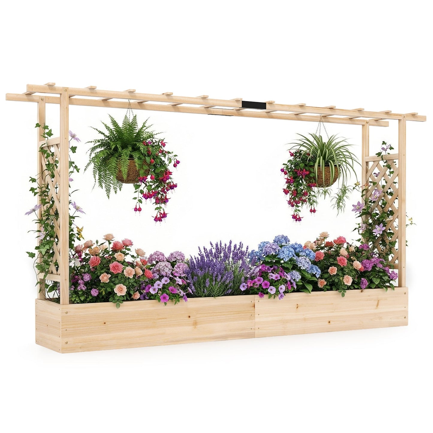 114 cm Tall Wooden Raised Garden Bed with Side Trellis-Natural