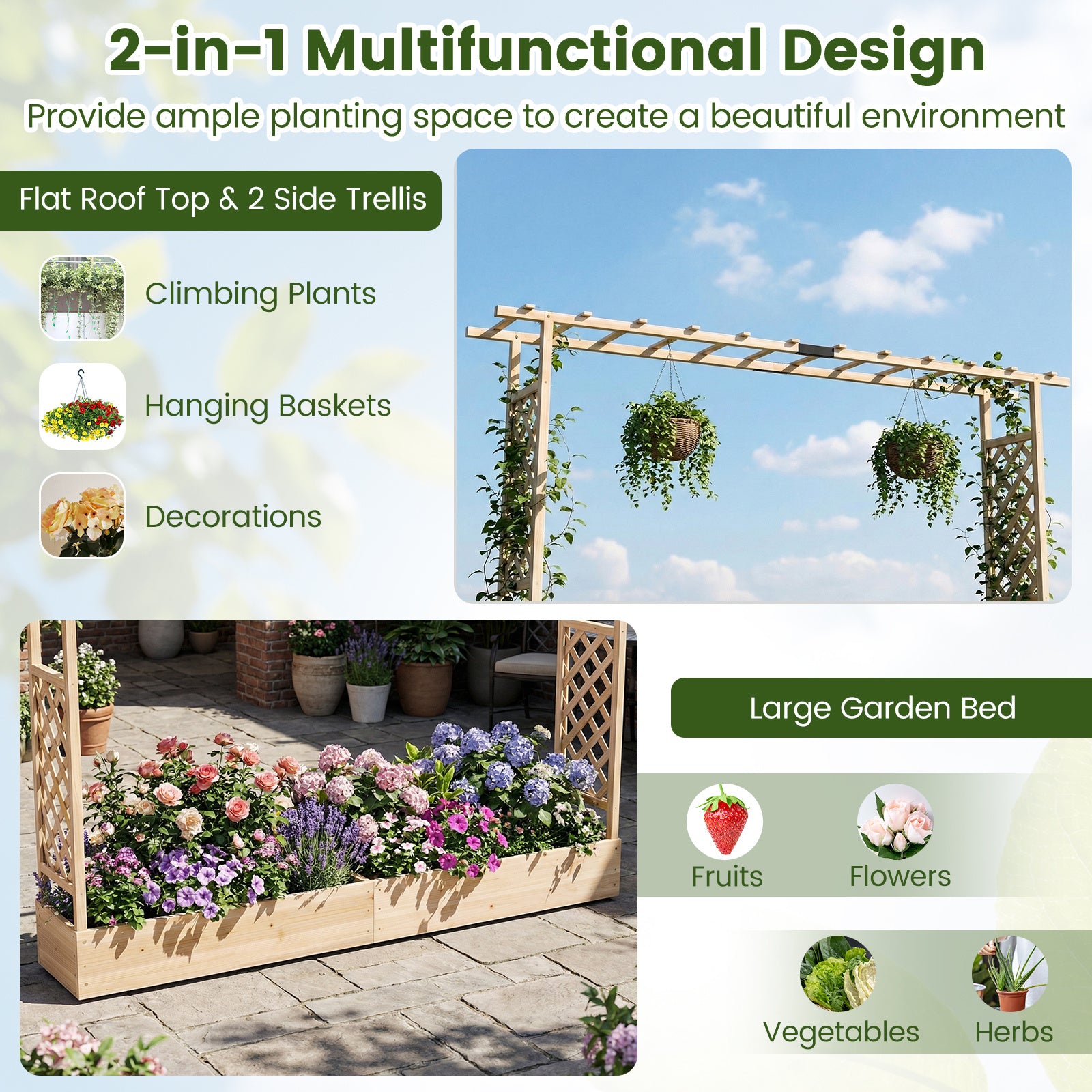114 cm Tall Wooden Raised Garden Bed with Side Trellis-Natural