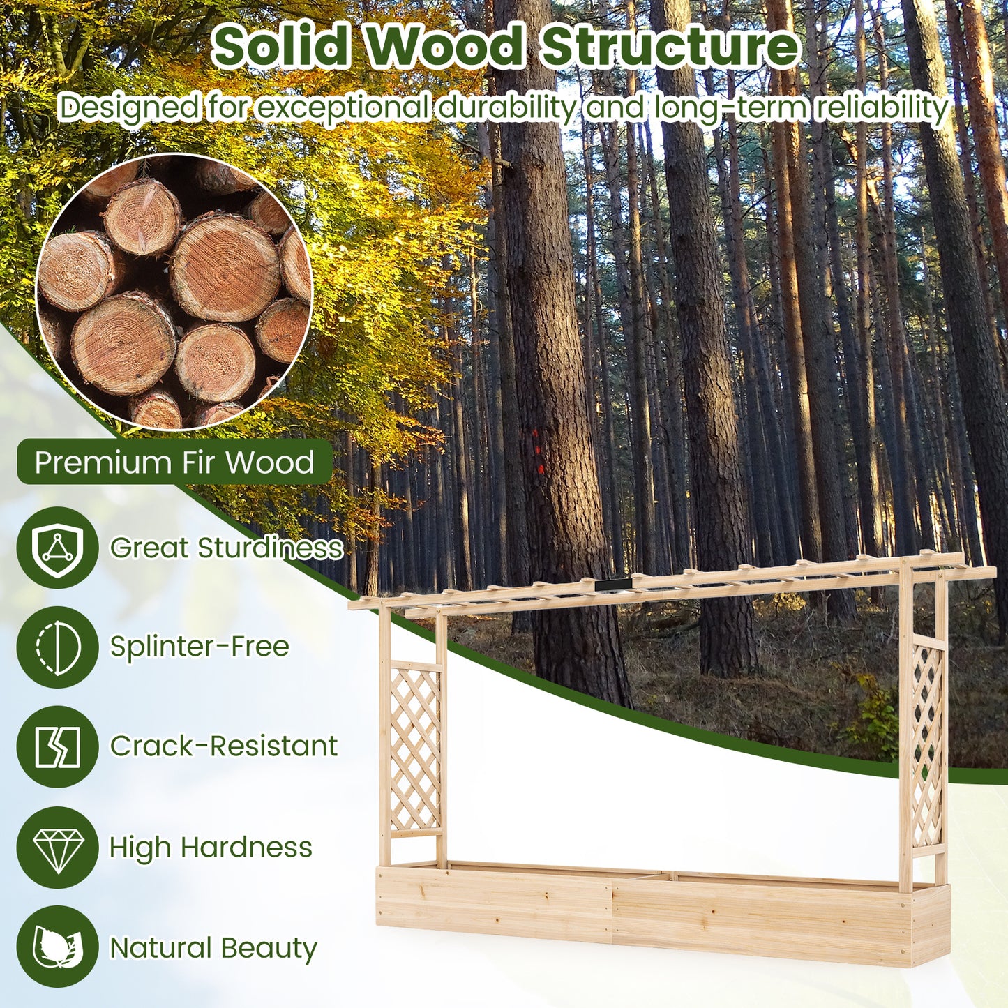 114 cm Tall Wooden Raised Garden Bed with Side Trellis-Natural