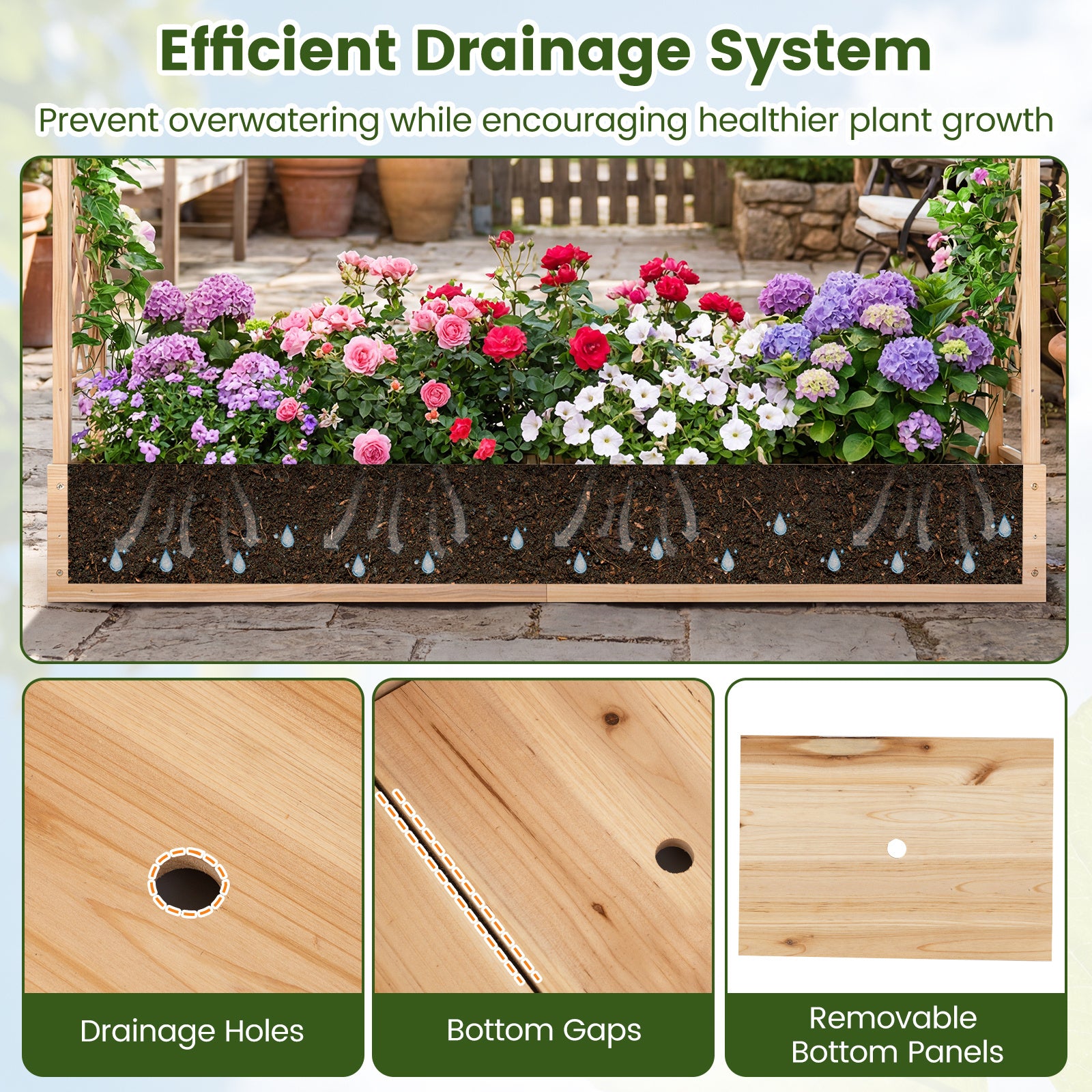 114 cm Tall Wooden Raised Garden Bed with Side Trellis-Natural