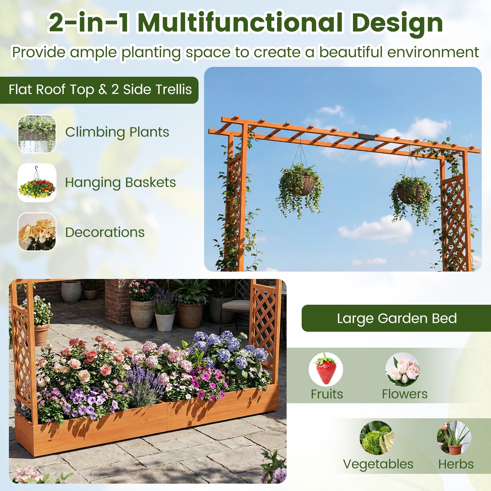 114 cm Tall Wooden Raised Garden Bed with Side Trellis-Orange