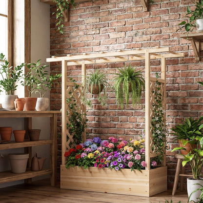 114cm Tall Wooden Raised Garden Bed with Side Trellis and Hanging Roof-Natural