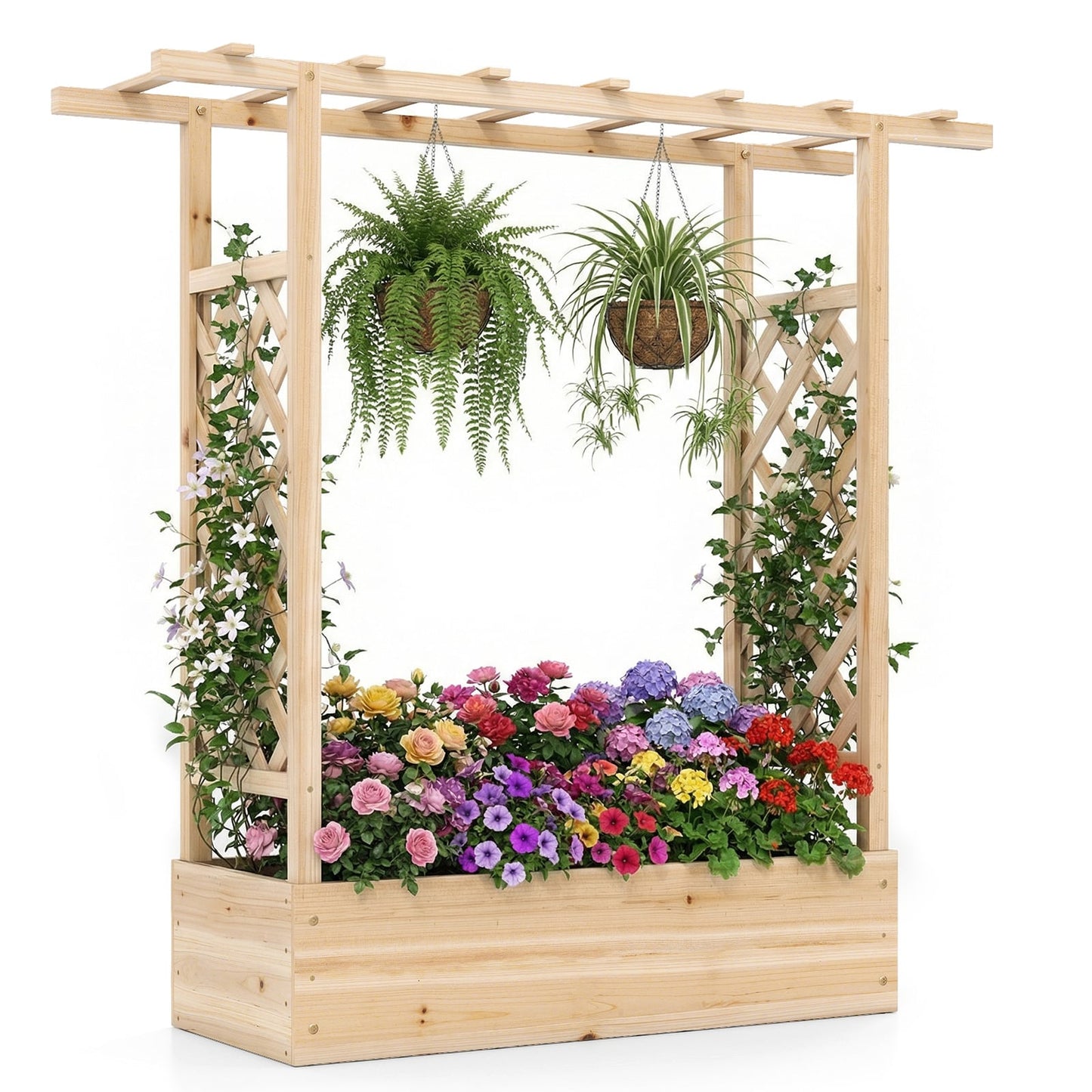 114cm Tall Wooden Raised Garden Bed with Side Trellis and Hanging Roof-Natural