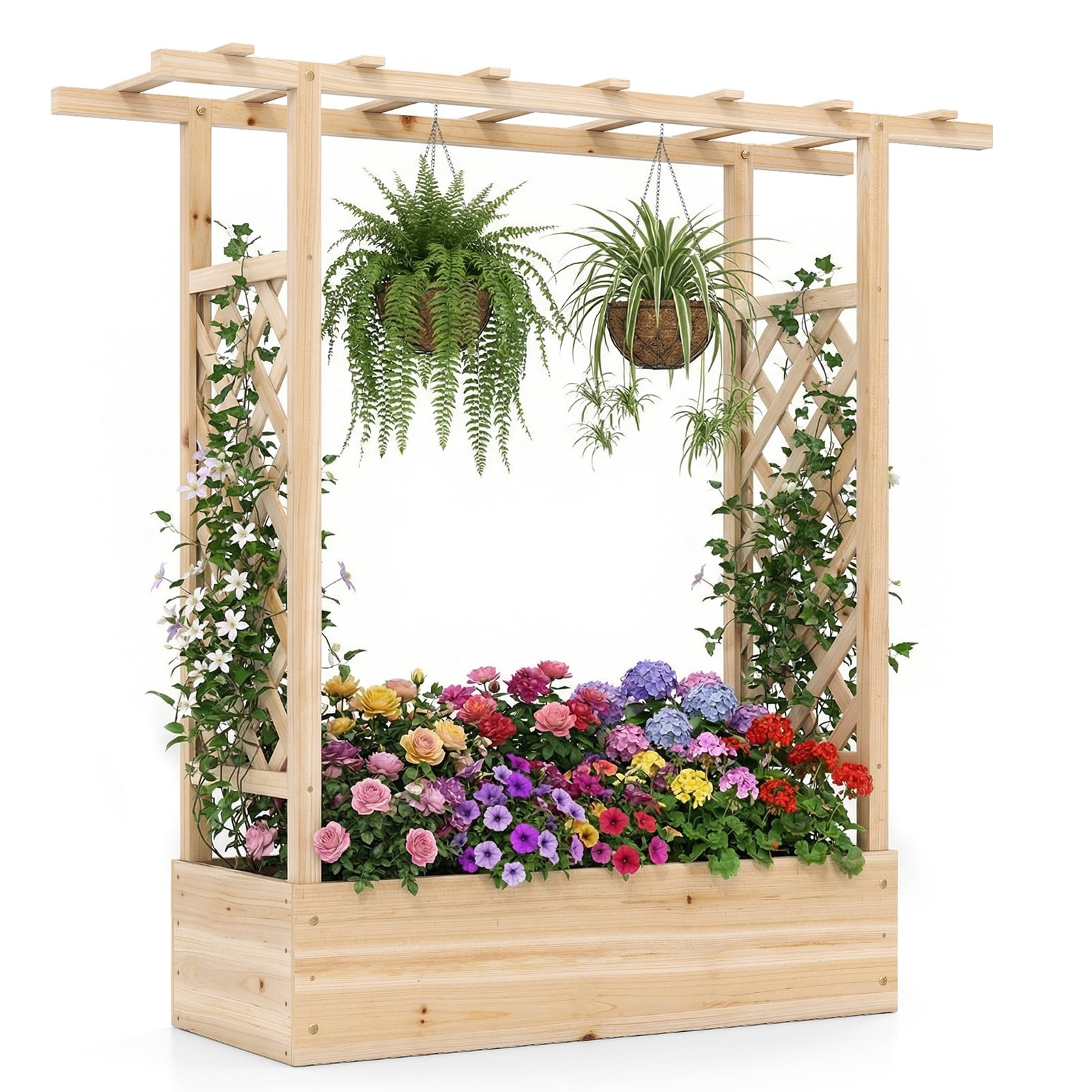 114cm Tall Wooden Raised Garden Bed with Side Trellis and Hanging Roof-Natural