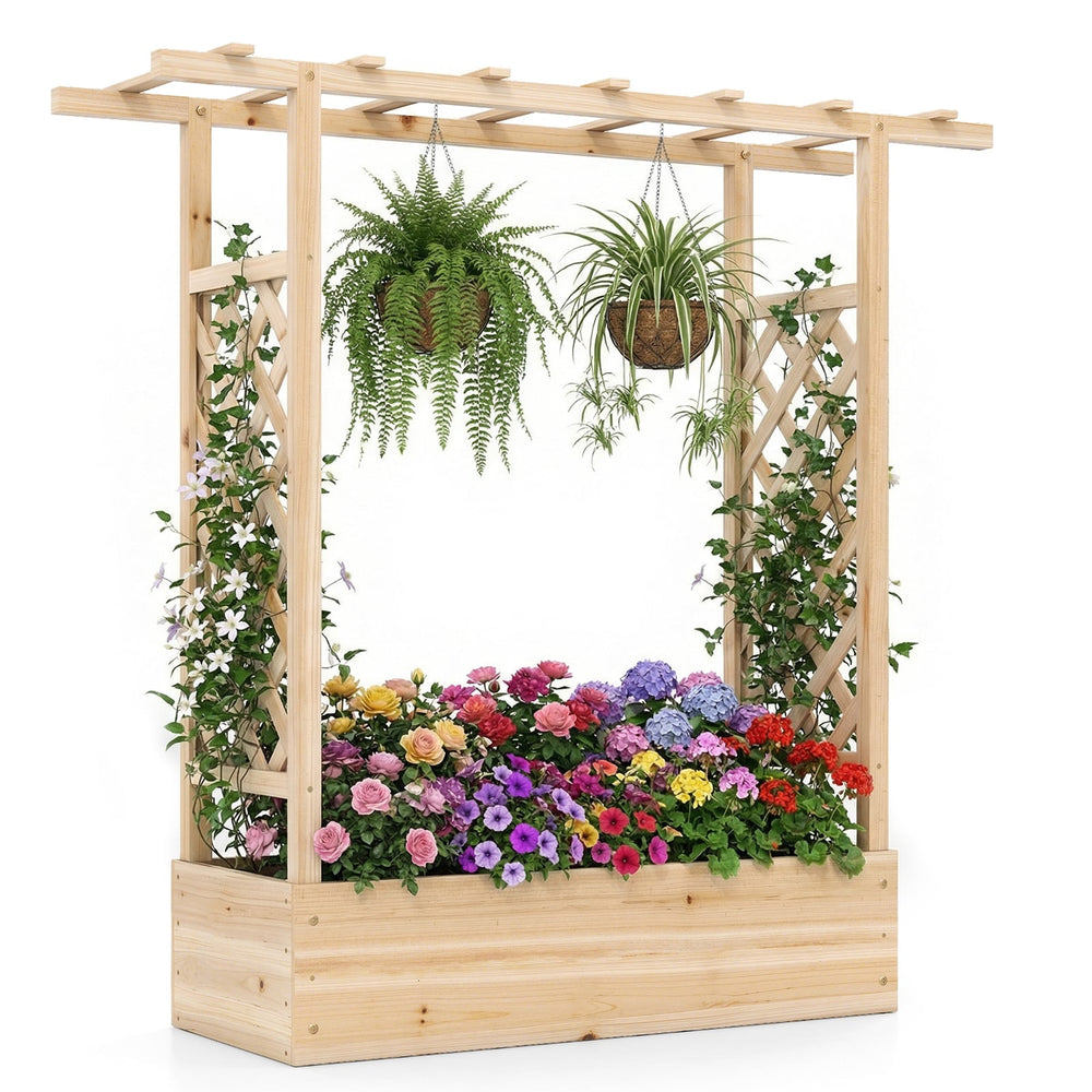 114cm Tall Wooden Raised Garden Bed with Side Trellis and Hanging Roof-Natural