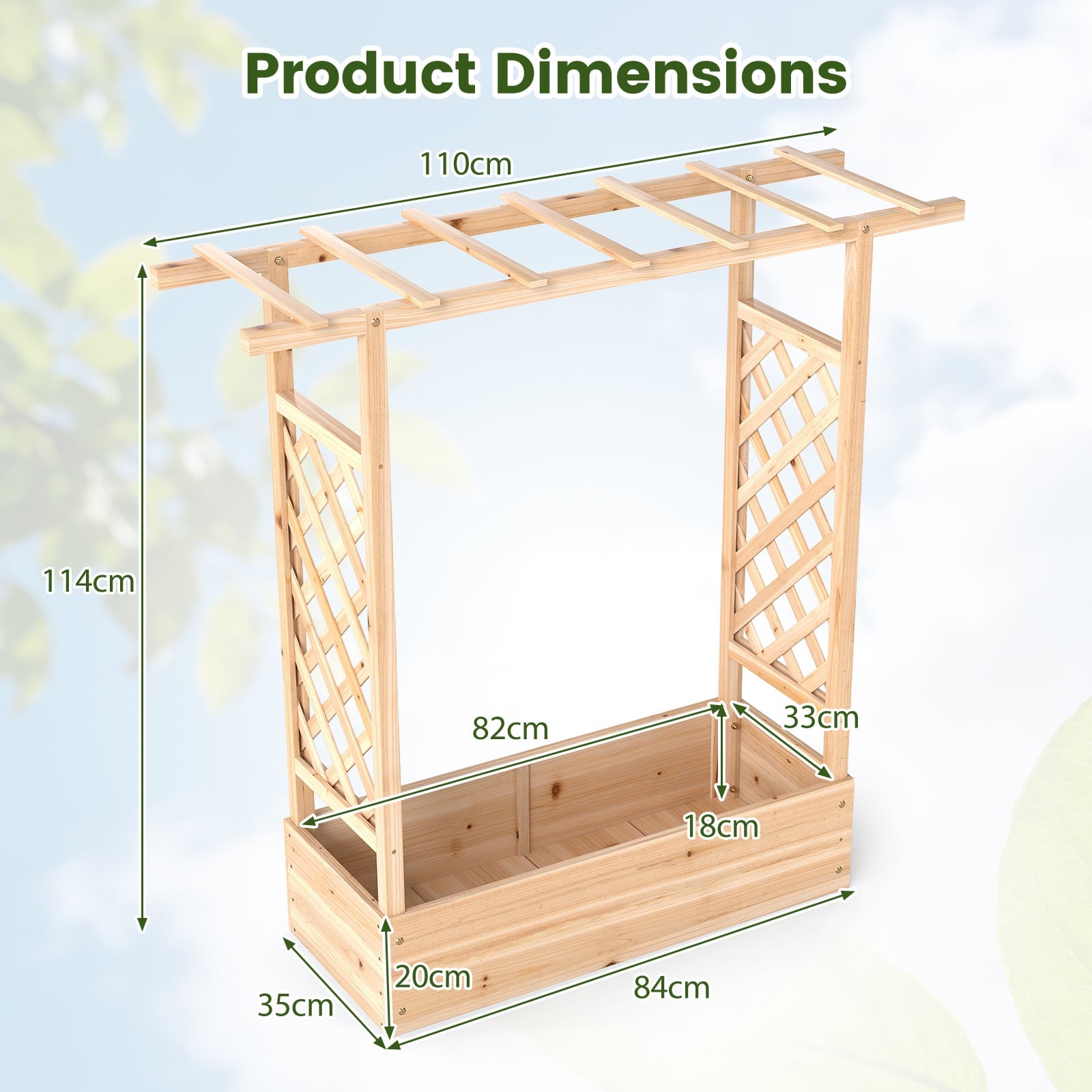 114cm Tall Wooden Raised Garden Bed with Side Trellis and Hanging Roof-Natural
