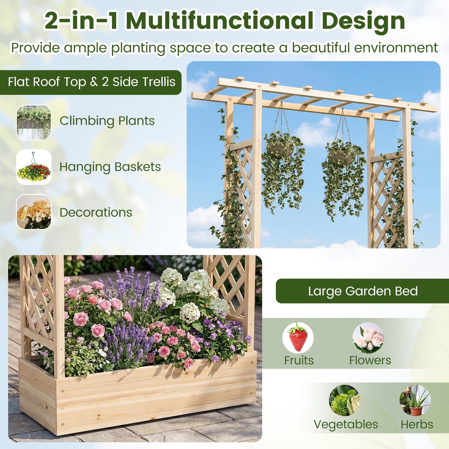 114cm Tall Wooden Raised Garden Bed with Side Trellis and Hanging Roof-Natural