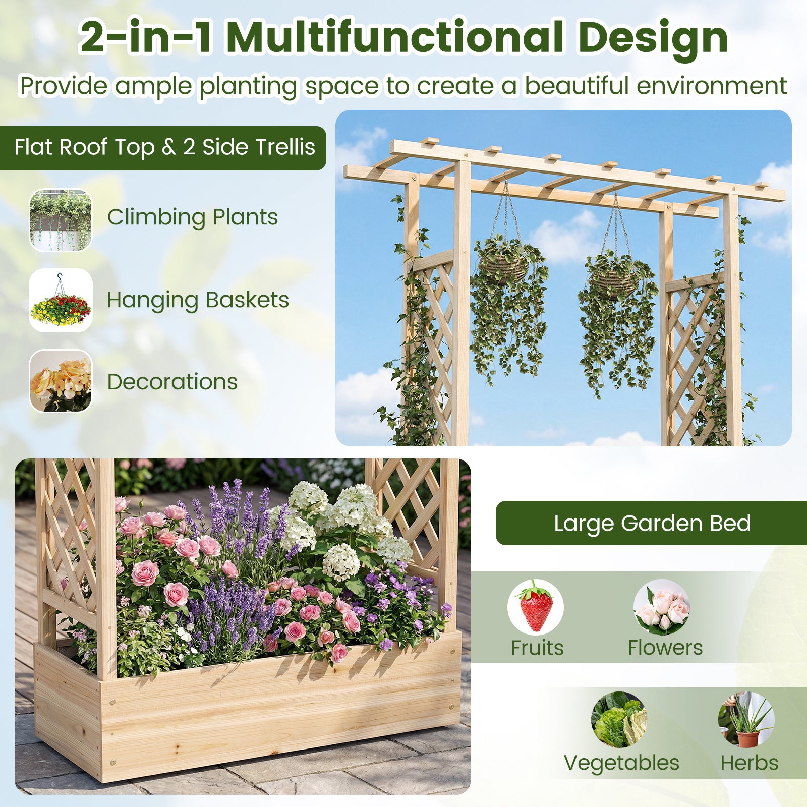 114cm Tall Wooden Raised Garden Bed with Side Trellis and Hanging Roof-Natural