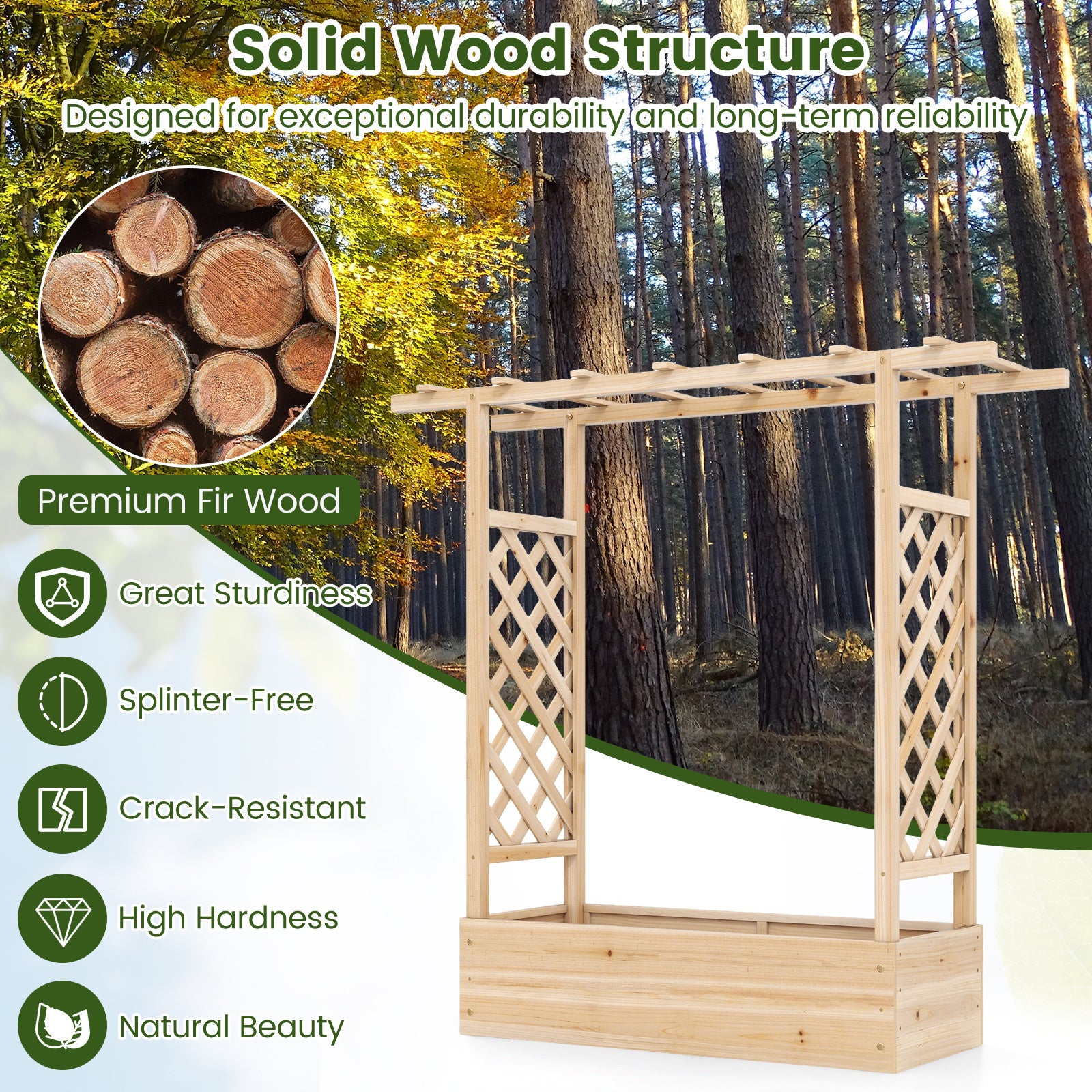 114cm Tall Wooden Raised Garden Bed with Side Trellis and Hanging Roof-Natural