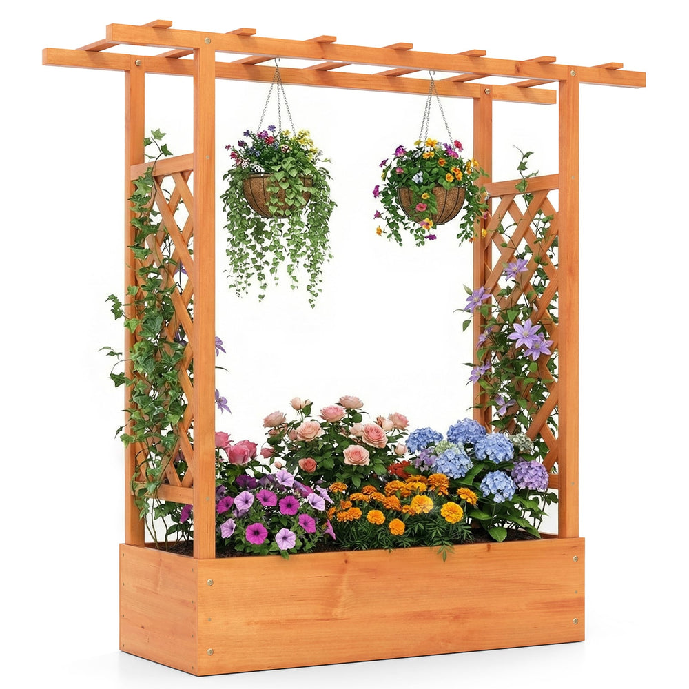 114cm Tall Wooden Raised Garden Bed with Side Trellis and Hanging Roof-Orange