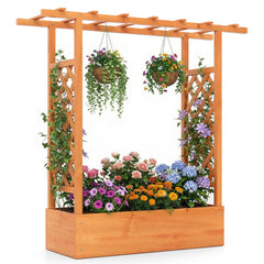114cm Tall Wooden Raised Garden Bed with Side Trellis and Hanging Roof-Orange