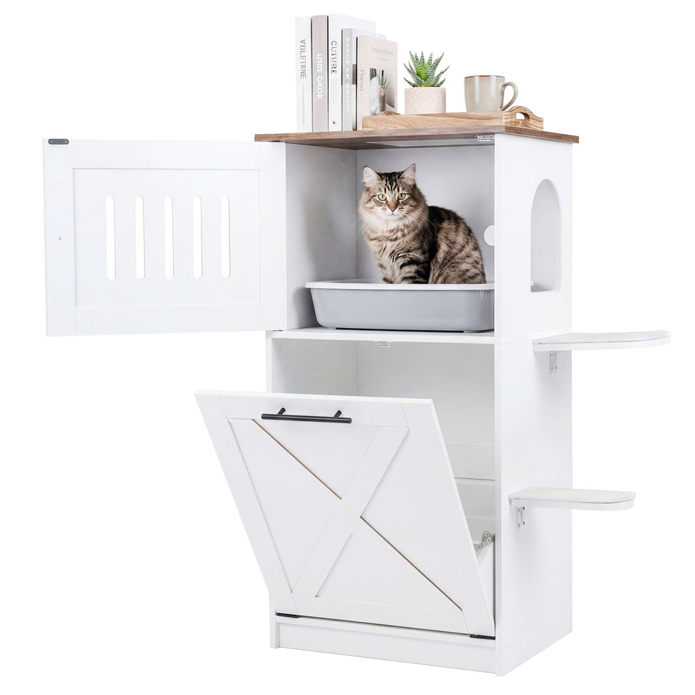 115 cm Modern Hidden Cat House Cabinet with 2 Scratching Pads and Flip-Down Storage Cabinet-White
